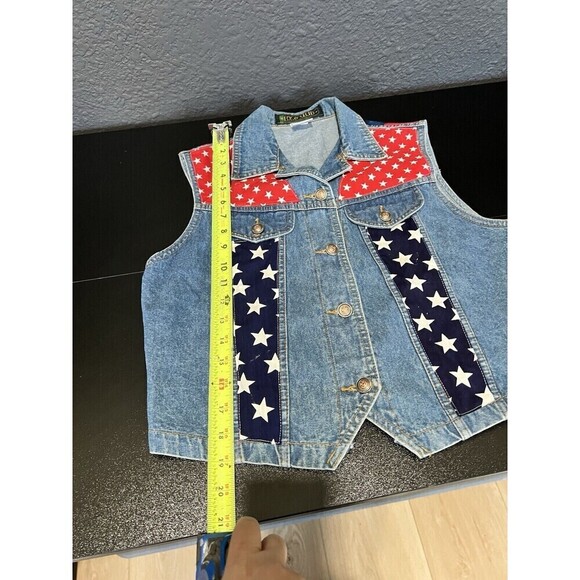 VTG Womens Denim Vest 90s Y2K American Flag Stars Stripes Size MEDIUM Logo Club - Picture 3 of 5